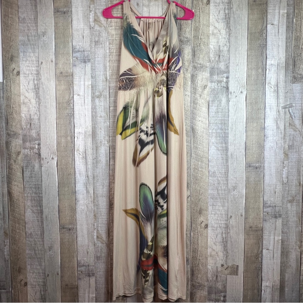 Fresh of LA Small Sleeveless Surplice Peplum Style Maxi Dress Feather Design
